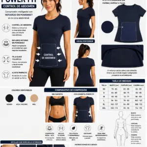 Camiseta moldeadora deportiva azul oscuro con control de abdomen y refuerzo interno en powernet, manga corta y cuello redondo.