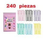 Set de 240 parches hidrocoloides para acné con forma de estrella en colores rosa, negro, morado, verde, azul y amarillo en bolsa rosa.
