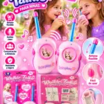 Dos walkie talkies infantiles color rosa brillante con antena flexible azul, dos niñas jugando de fondo y su respectivo empaque comercial.