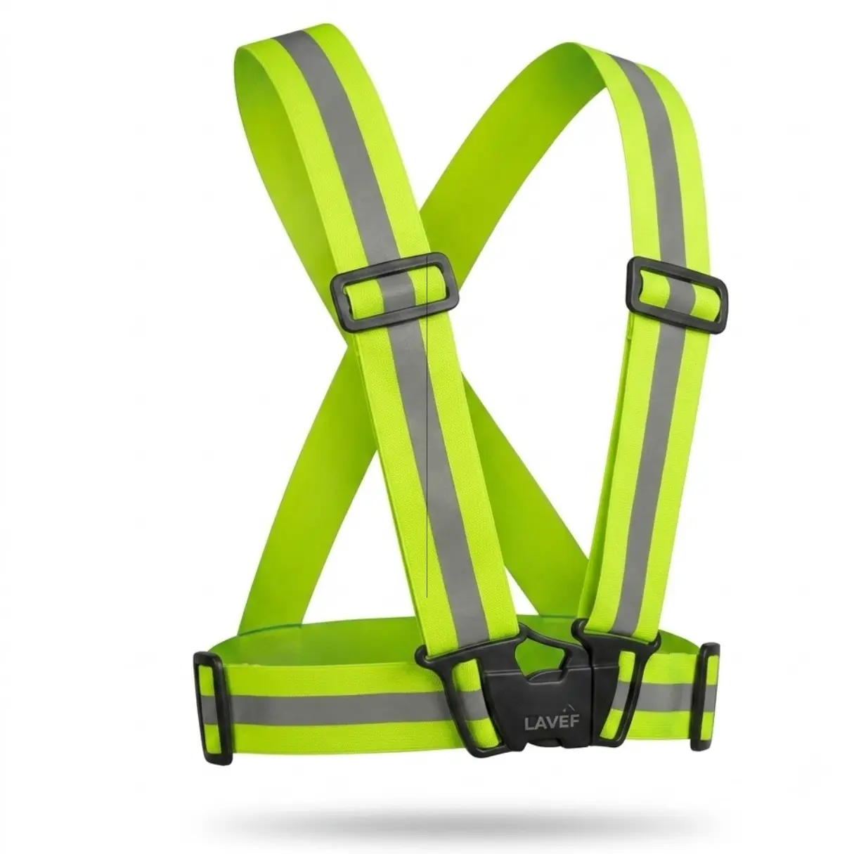 Chaleco reflectivo ajustable Lavef color amarillo neón con bandas plateadas y hebillas negras para alta visibilidad en ciclismo y moto.