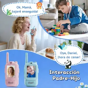 Walkie talkies con cámara para niños en colores rosa y azul, con pantalla para video en tiempo real que permite la interacción padre e hijo.
