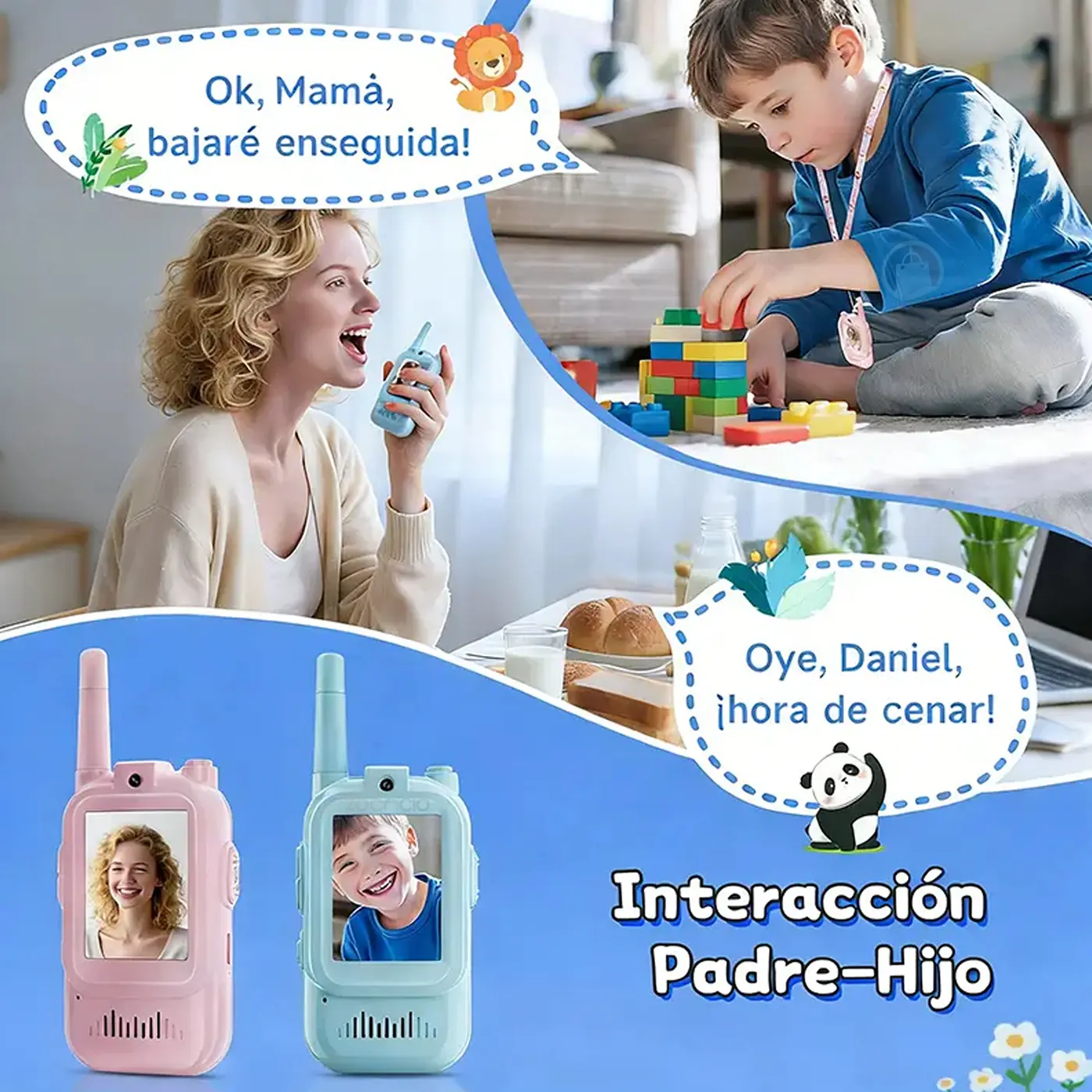 Walkie talkies con cámara para niños en colores rosa y azul, con pantalla para video en tiempo real que permite la interacción padre e hijo.