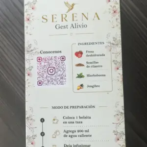 Caja blanca vertical de infusión para aliviar malestares del embarazo con detalles florales, lista de ingredientes, QR y pasos de preparación.