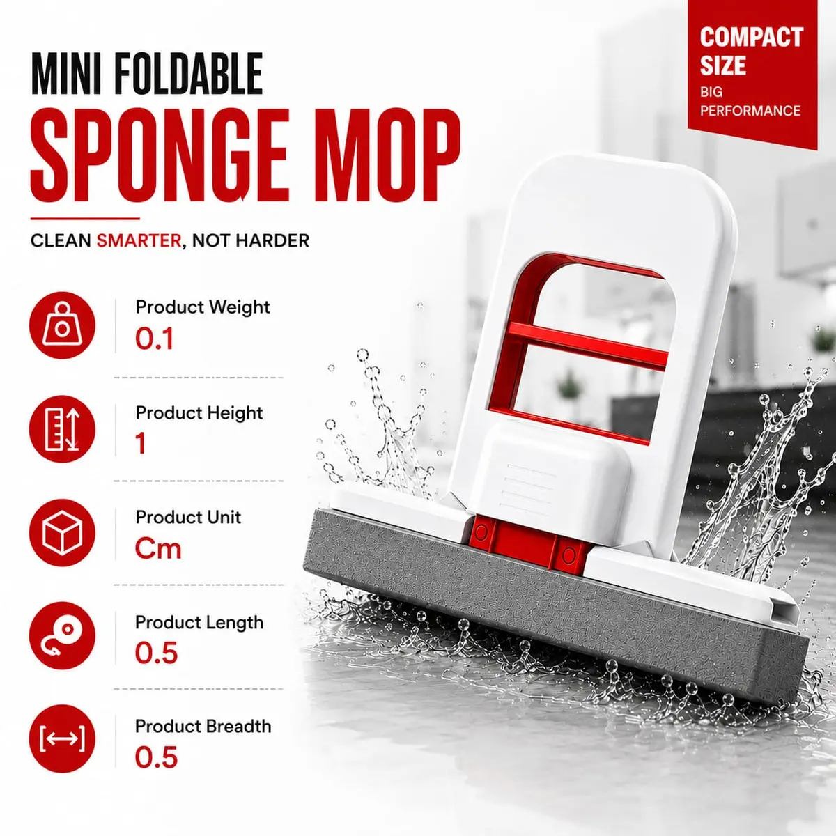 Mini mopa escurridora manual blanca con esponja gris, diseño compacto de 1 cm de alto, 0.5 cm de largo y ancho, ideal para limpieza rápida sin mojarse.