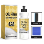 Kit restaurador de vidrios G1 de 120g con caja amarilla, botella aplicadora, esponja de limpieza y paño azul para eliminar grasa y marcas de agua.