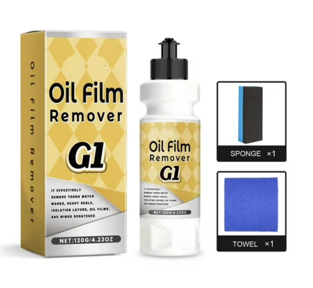 Kit restaurador de vidrios G1 de 120g con caja amarilla, botella aplicadora, esponja de limpieza y paño azul para eliminar grasa y marcas de agua.