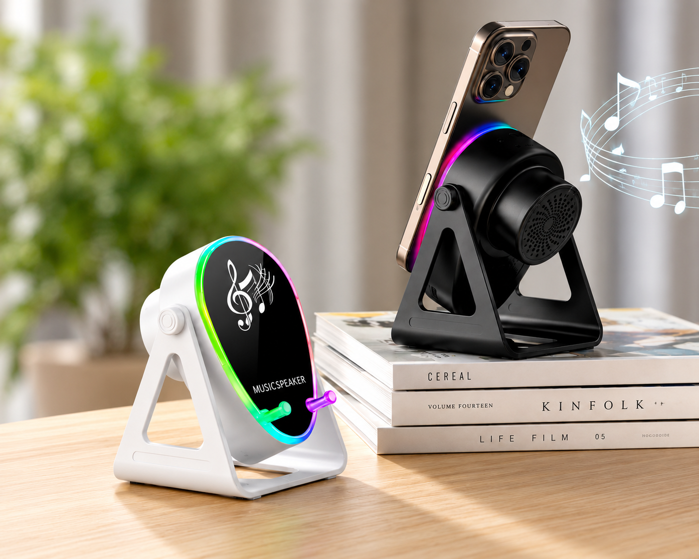 Parlante amplificador pasivo con carga inalámbrica y luz LED, disponible en blanco y negro, sosteniendo un smartphone sobre libros en una mesa de madera.