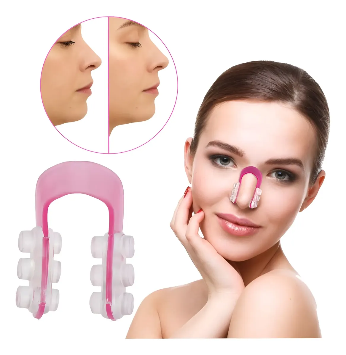 Corrector de nariz rosa de silicona con rodillos de masaje transparentes y ajuste manual sobre el rostro de una mujer.