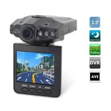 Cámara DVR para vehículo con pantalla de 2.5 pulgadas, lente con visión nocturna, rotación de 270 grados y botones de control en la parte frontal.