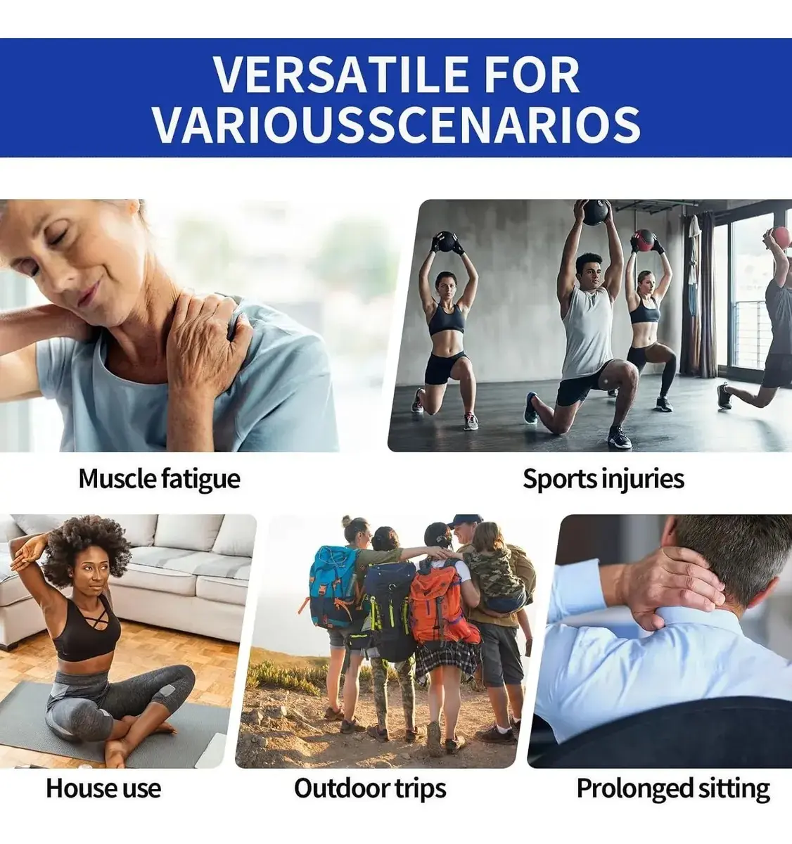 Set de dos parches adhesivos de microagujas para alivio muscular, ideal para fatiga, deporte, uso en casa, viajes y largas jornadas de oficina.