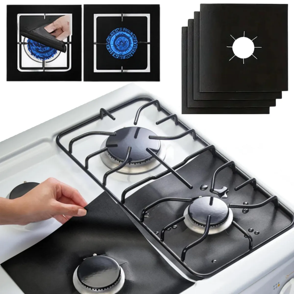 Set de cuatro protectores negros antiadherentes para estufa de gas, mostrados en uso sobre una cocina blanca y en detalle de instalación sobre los quemadores.