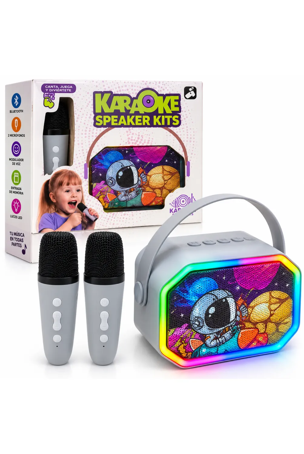 Kit de karaoke portátil con parlante gris de diseño espacial, dos micrófonos inalámbricos a juego y caja de empaque con de niña cantando.