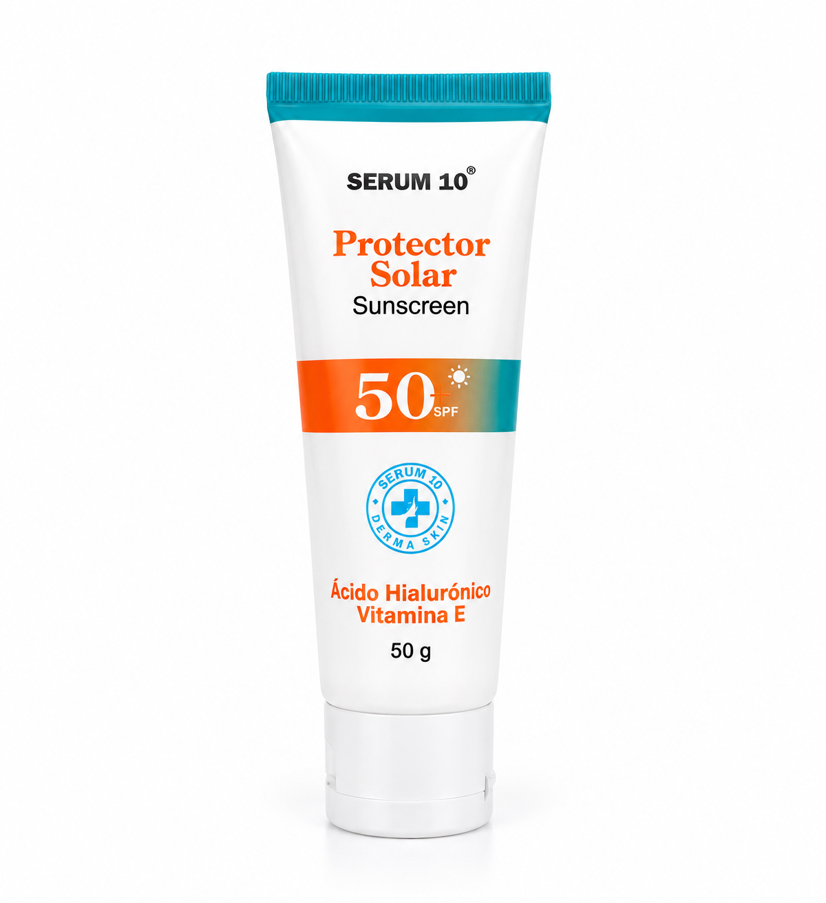 Tubo de protector solar Serum 10 SPF 50 de 50 g con ácido hialurónico y vitamina E, diseño vertical blanco con franja naranja y azul sobre fondo neutro.