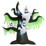 Árbol de Halloween inflable negro con follaje verde, tres fantasmas blancos con ojos rojos y luces LED brillantes para decoración de jardín.