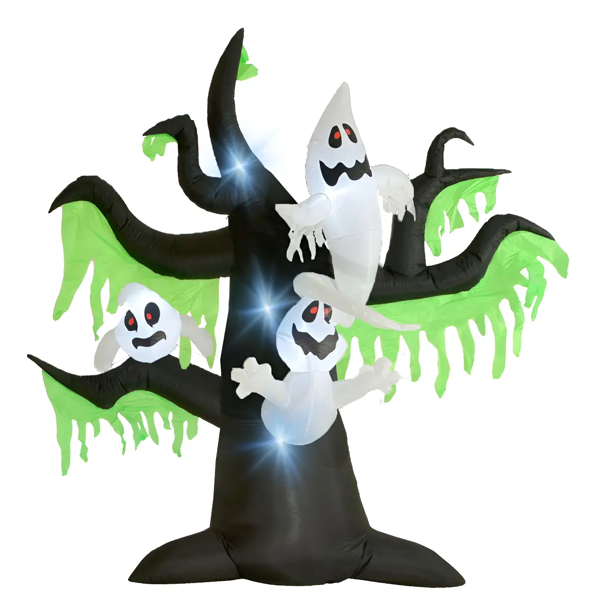 Árbol de Halloween inflable negro con follaje verde, tres fantasmas blancos con ojos rojos y luces LED brillantes para decoración de jardín.