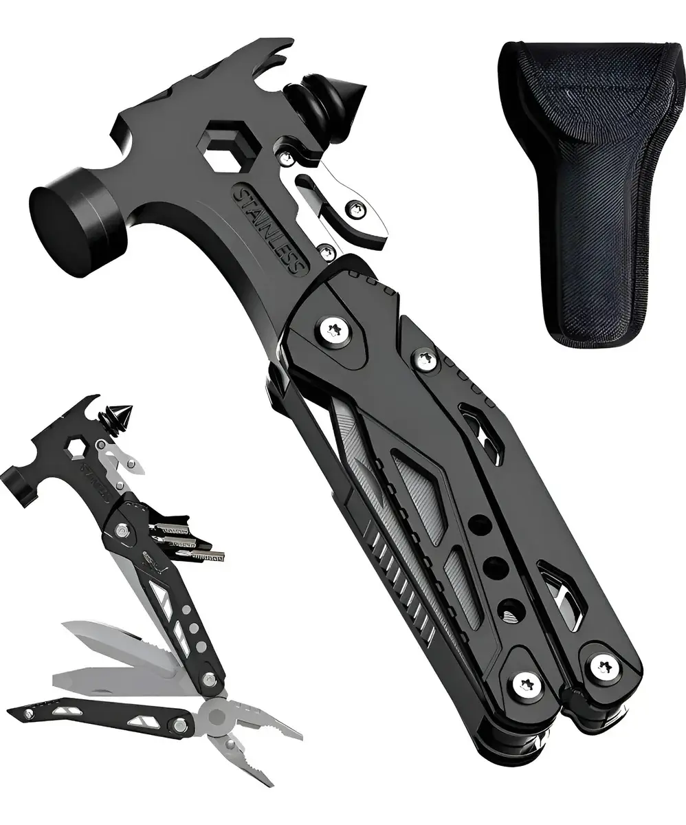 Martillo multiherramientas plegable negro de acero inoxidable, con alicates, cuchillo, destornilladores, funda de tela y modelo secundario desplegado.