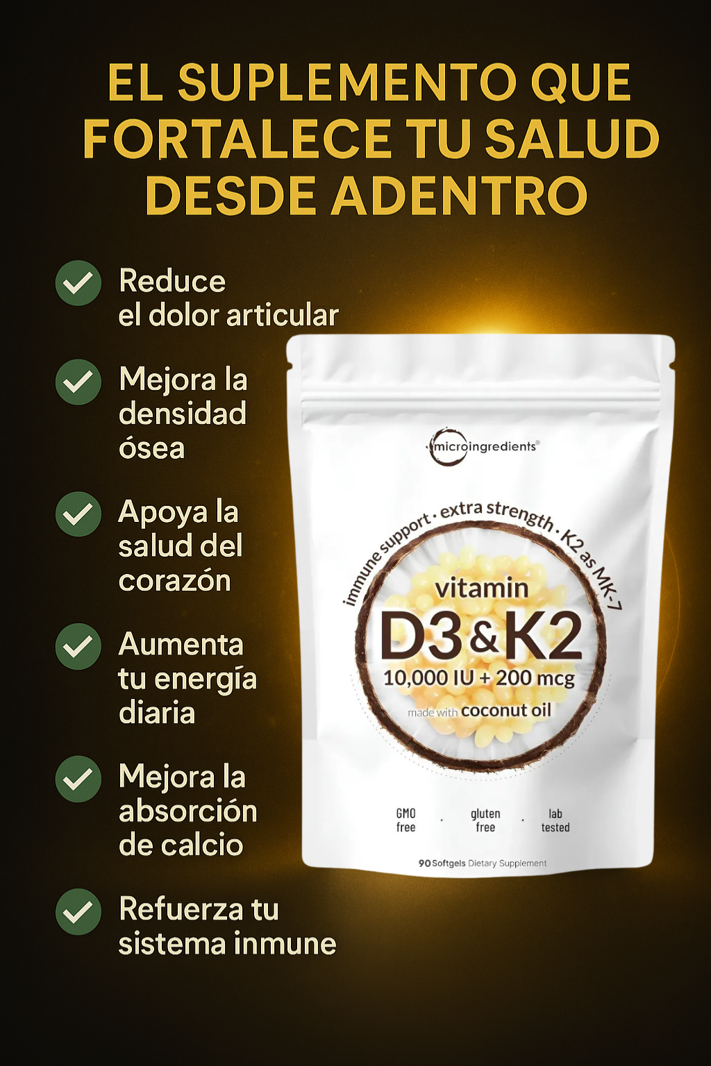 Bolsa blanca de vitamina D3 y K2 en cápsulas blandas con aceite de coco, acompañada de beneficios para salud ósea e inmunológica.