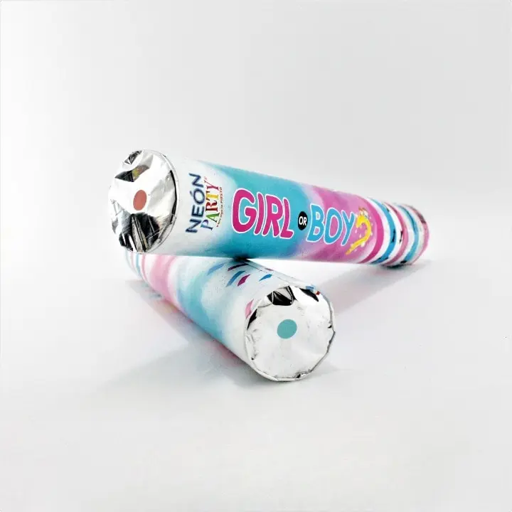 Dos lanzadores de confeti de 30 cm para revelación de género con diseño degradado azul y rosa, uno muestra un punto rosa y el otro un punto azul.