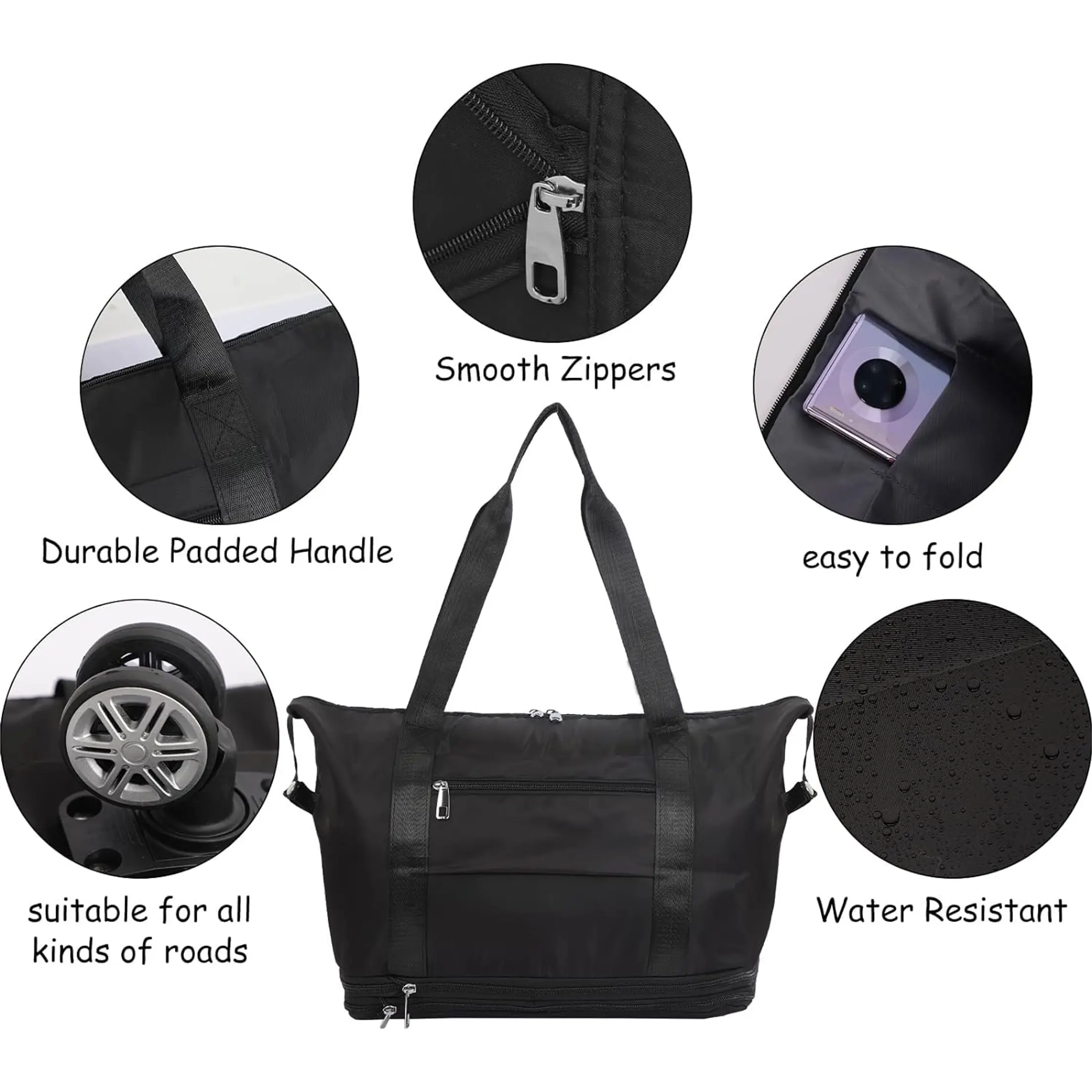 Bolso de viaje negro impermeable con ruedas, cierres suaves, asas acolchadas y diseño plegable para gimnasio o fin de semana.