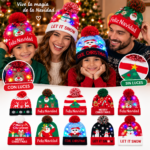 Gorro navideño iluminado con luces LED para la familia, disponible en varios diseños y colores con tejido suave de punto.