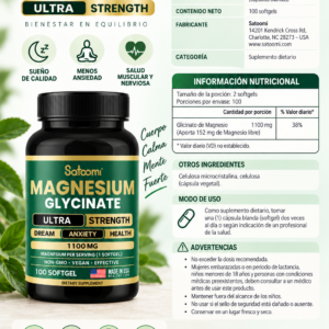 Frasco de Glicinato de Magnesio Satoomi 1100mg, 100 cápsulas blandas, con ficha técnica detallada, beneficios para sueño, ansiedad y salud muscular.
