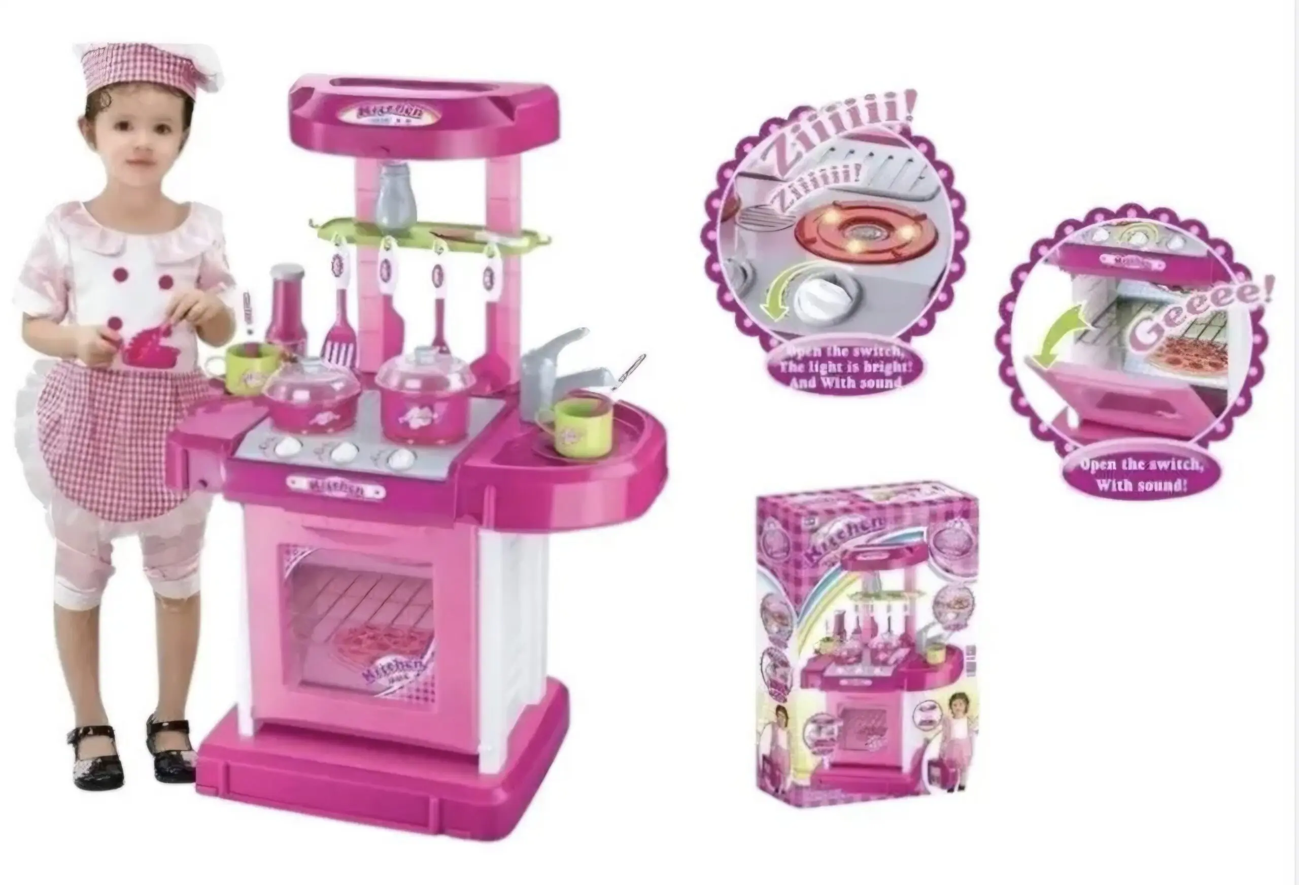 Cocina de juguete rosa portátil con horno, accesorios, luces y sonidos junto a una niña disfrazada de chef y la caja del producto.