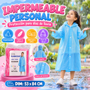 Impermeable infantil azul celeste con capota y botones, en empaque rosa individual, ideal para lluvia, medidas 53 x 84 cm.