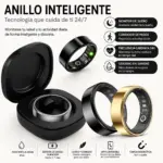 Anillo inteligente deportivo en colores negro y dorado con estuche de carga magnética y sensores de salud visibles en el interior.