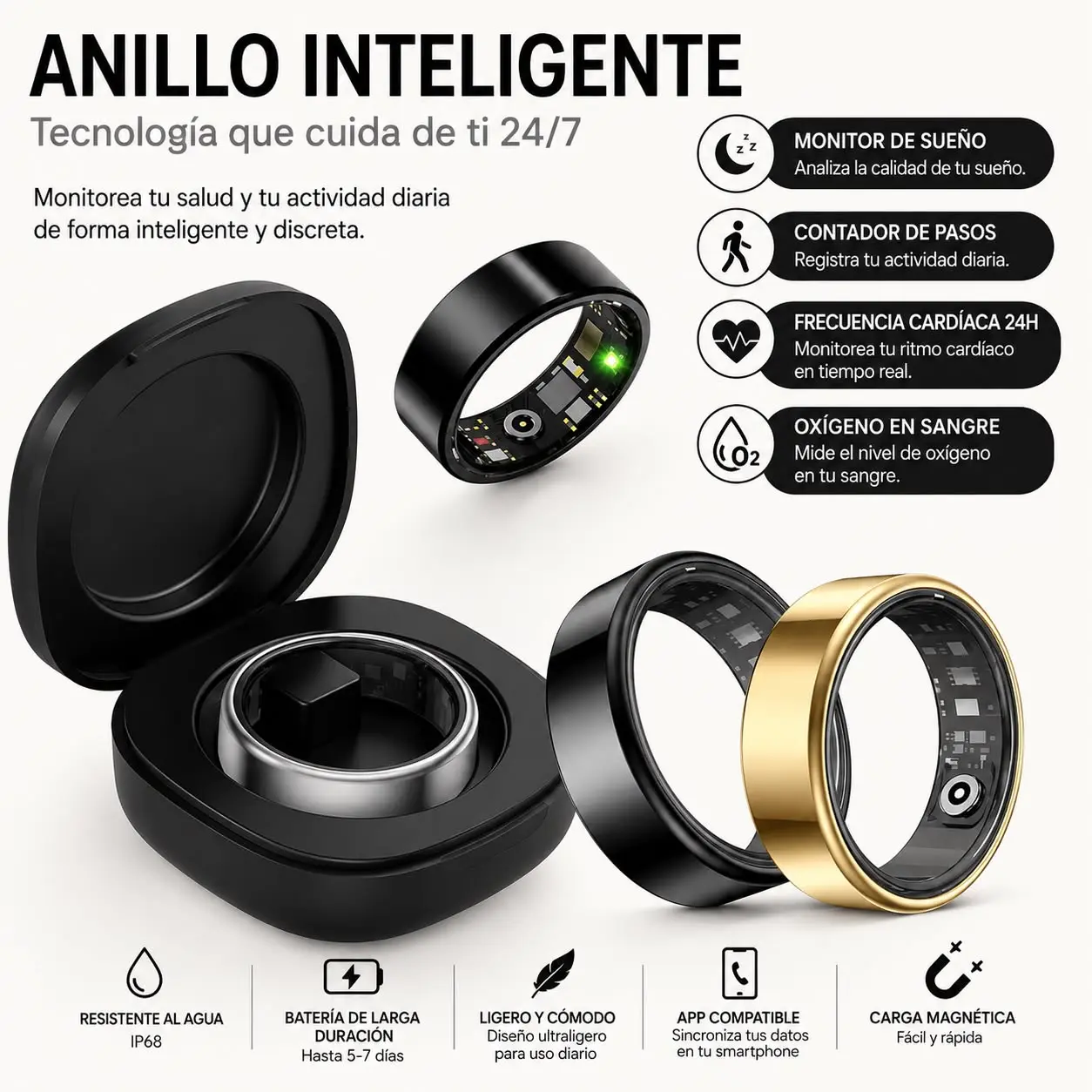 Anillo inteligente deportivo en colores negro y dorado con estuche de carga magnética y sensores de salud visibles en el interior.