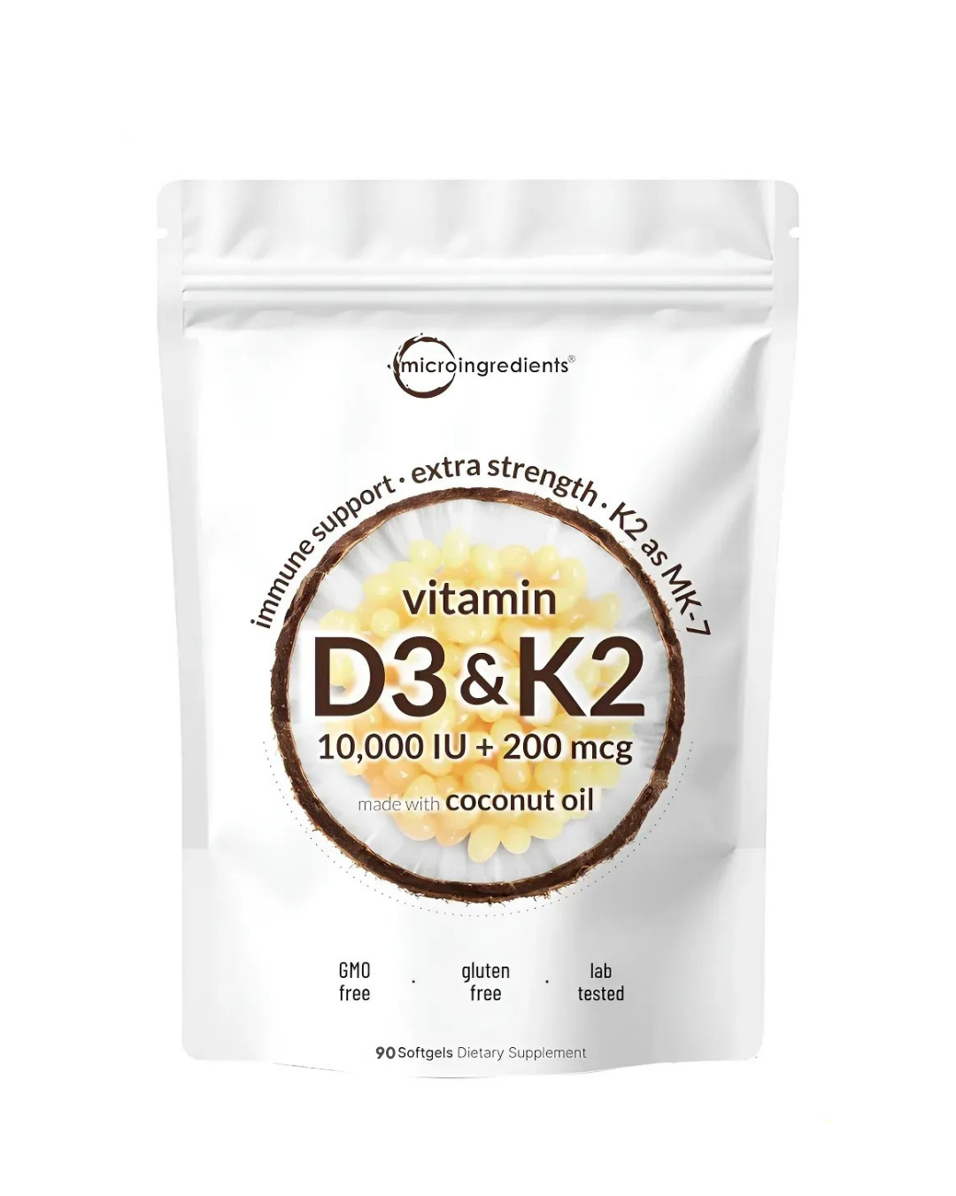 Empaque tipo pouch blanco de vitamina D3 10,000 IU y K2 200 mcg de Microingredients, con 90 cápsulas blandas de aceite de coco.