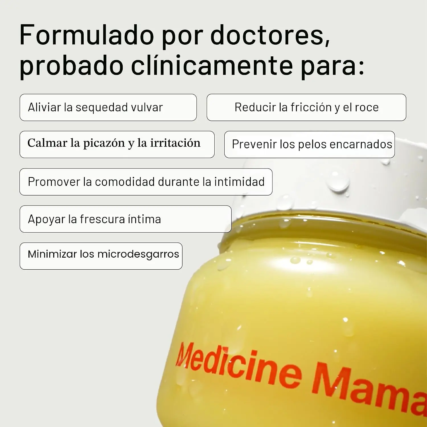 Bálsamo hidratante íntimo amarillo Medicine Mama en tarro con tapa blanca y gotas de agua, con lista de beneficios.