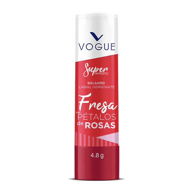 Bálsamo labial hidratante Vogue sabor fresa con pétalos de rosas en envase cilíndrico rojo y blanco de 4.8g.