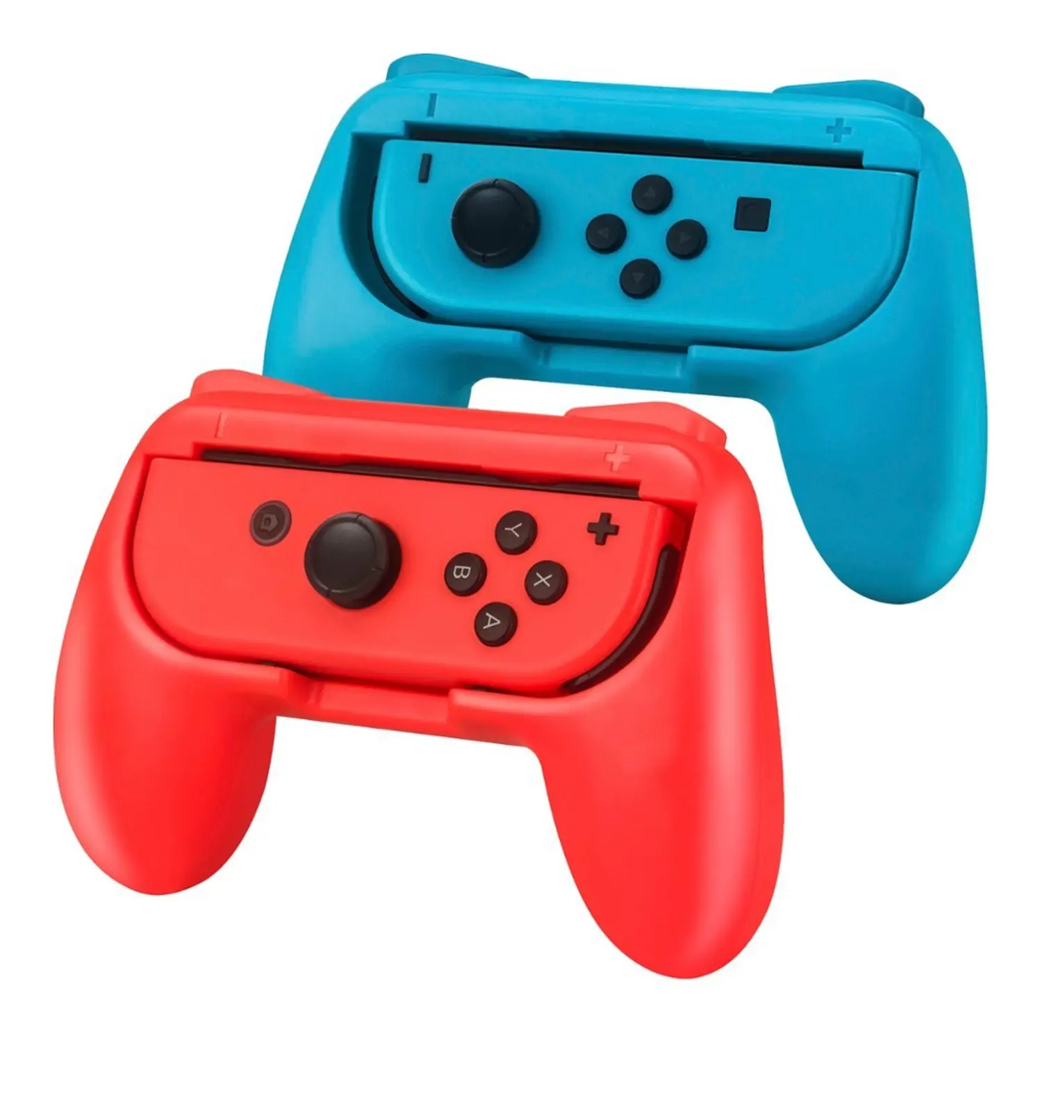 Dos soportes ergonómicos para controles de Nintendo Switch, uno color rojo y otro azul, que mejoran el agarre.