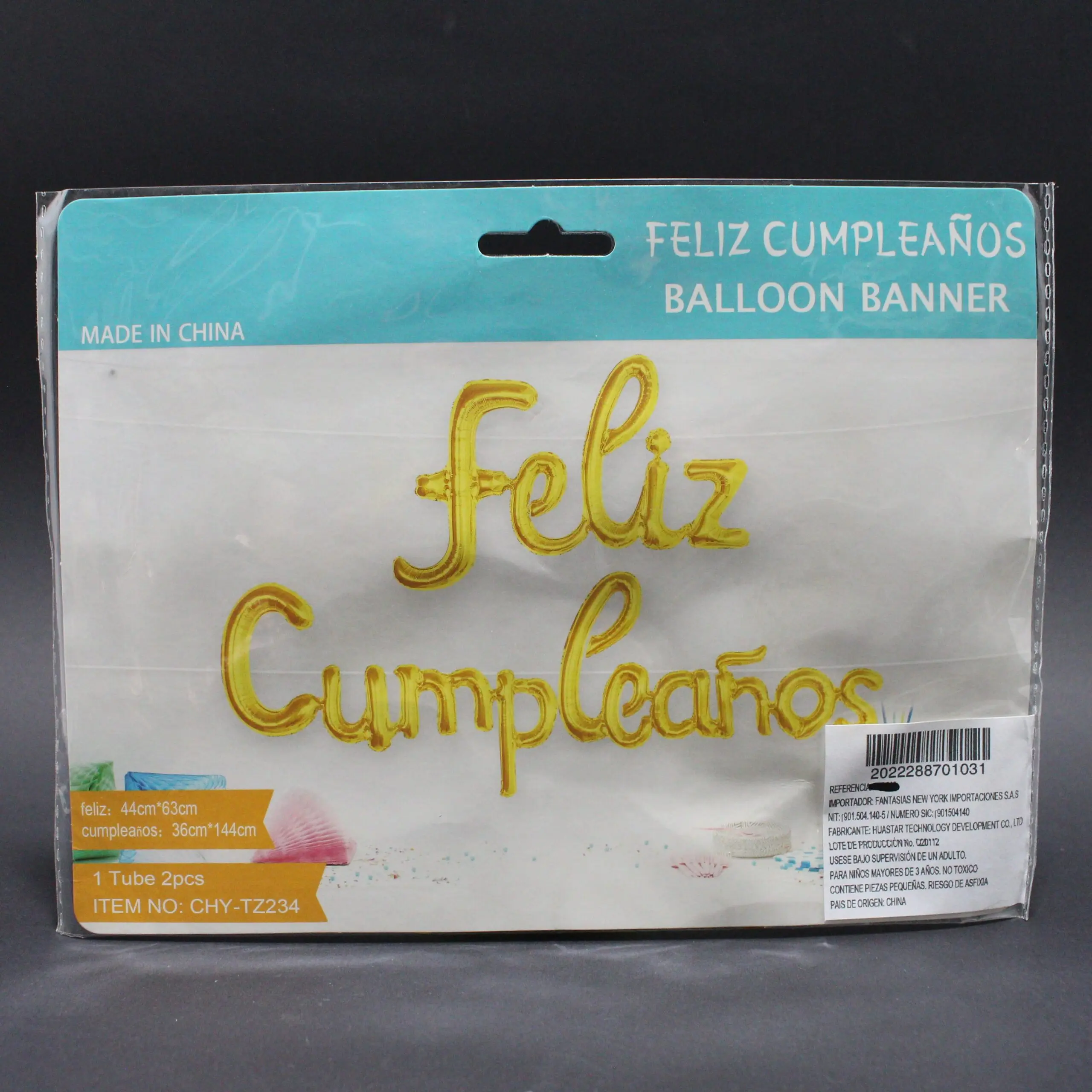 Globos metalizados dorados en letra cursiva con la frase Feliz Cumpleaños, presentados en empaque plástico blanco y celeste.