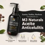 Envase negro de 240 ml de aceite anticelulitis M3 Naturals con colágeno y células madre, rodeado de granos de café y hojas verdes.