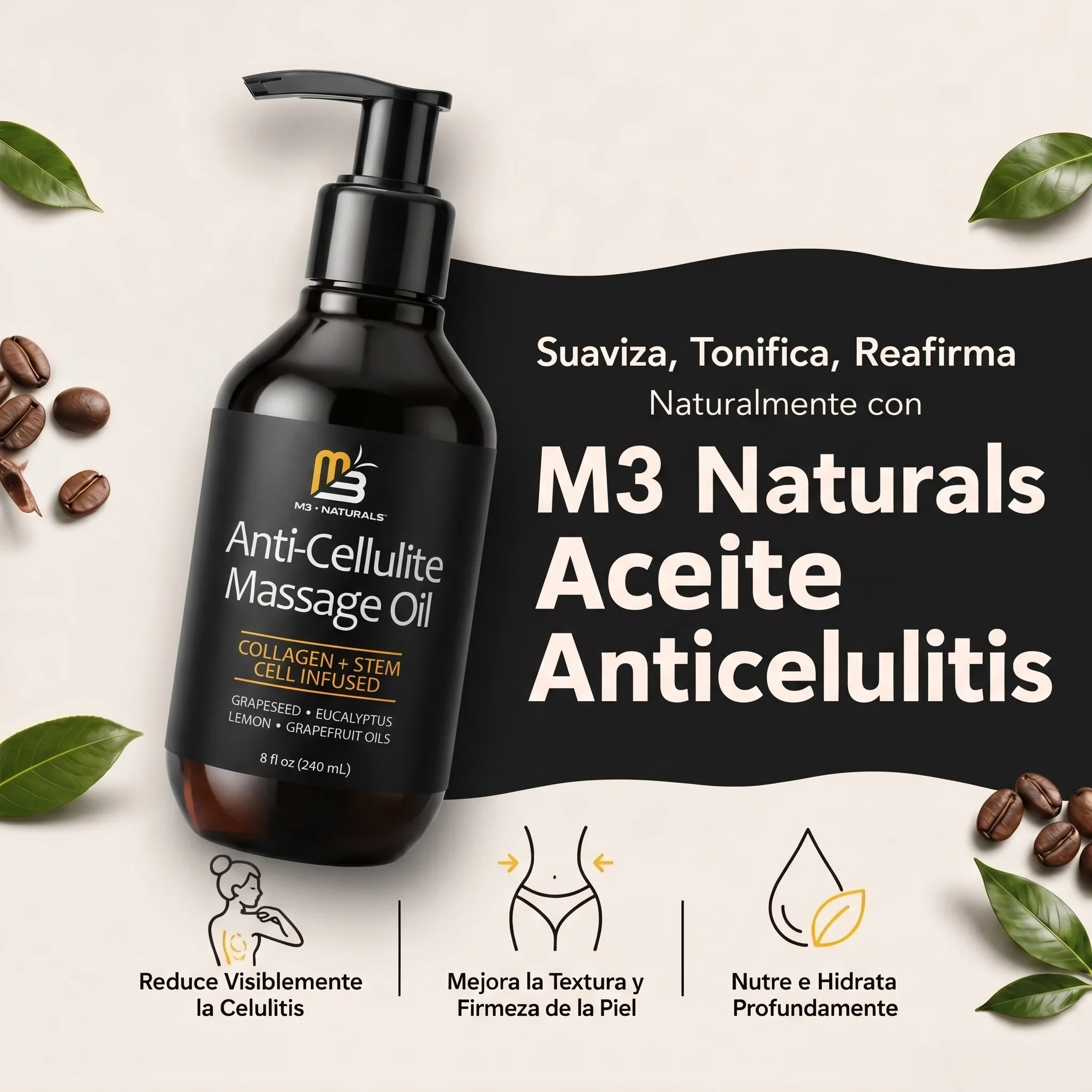 Envase negro de 240 ml de aceite anticelulitis M3 Naturals con colágeno y células madre, rodeado de granos de café y hojas verdes.