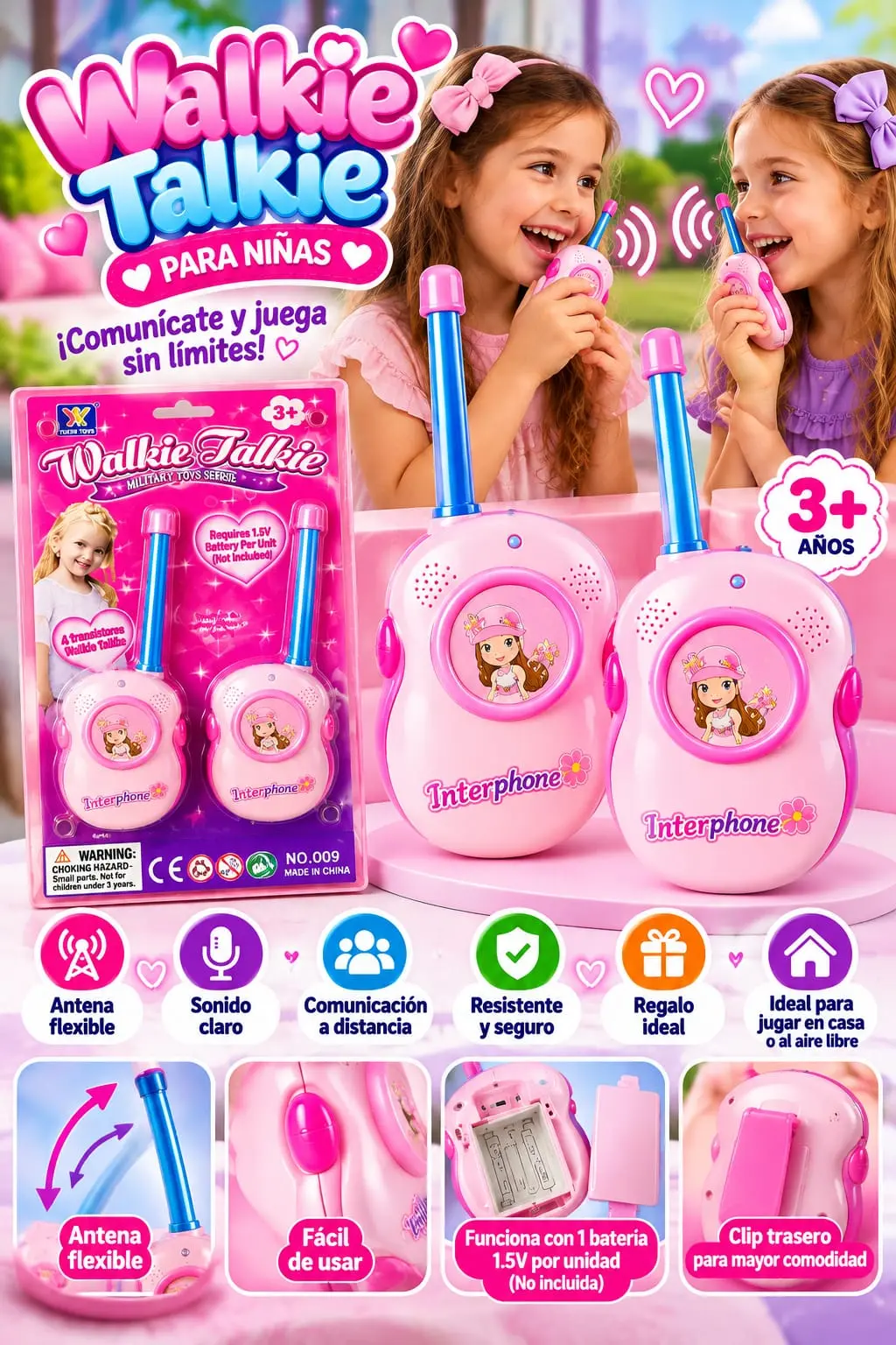 Radio Walkie Talkie infantil para niñas con diseño liviano - Fomenta la comunicación y la diversión al aire libre