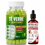 Kit con frasco transparente de gomitas verdes de 160g y gotero ámbar de 30ml de extractos para control de peso corporal