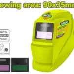 Careta de soldar verde fosforescente, oscurecimiento automático y visor de 90x35mm, acompañada de dos filtros y esquema de funciones.