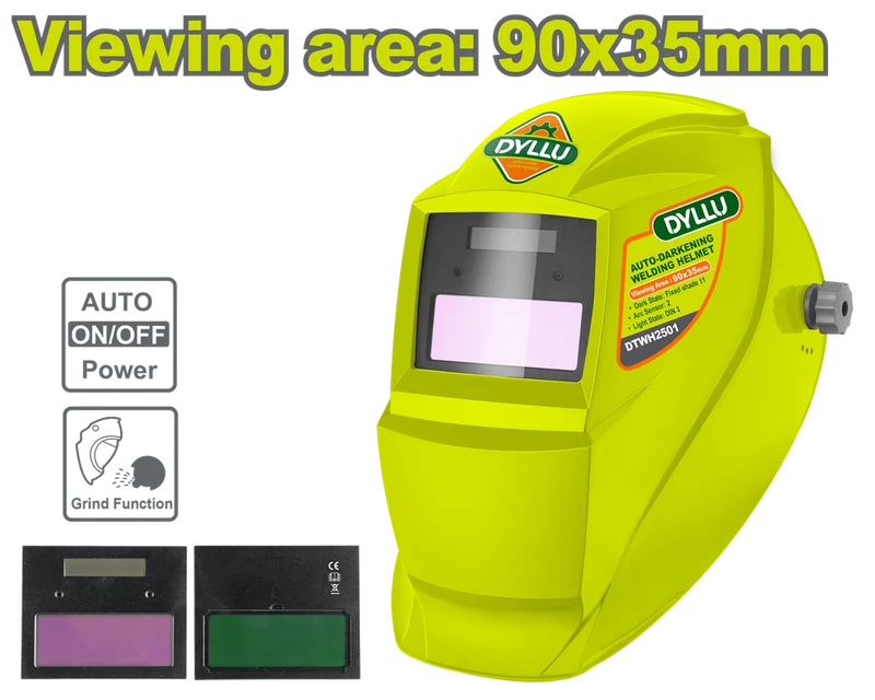 Careta de soldar verde fosforescente, oscurecimiento automático y visor de 90x35mm, acompañada de dos filtros y esquema de funciones.