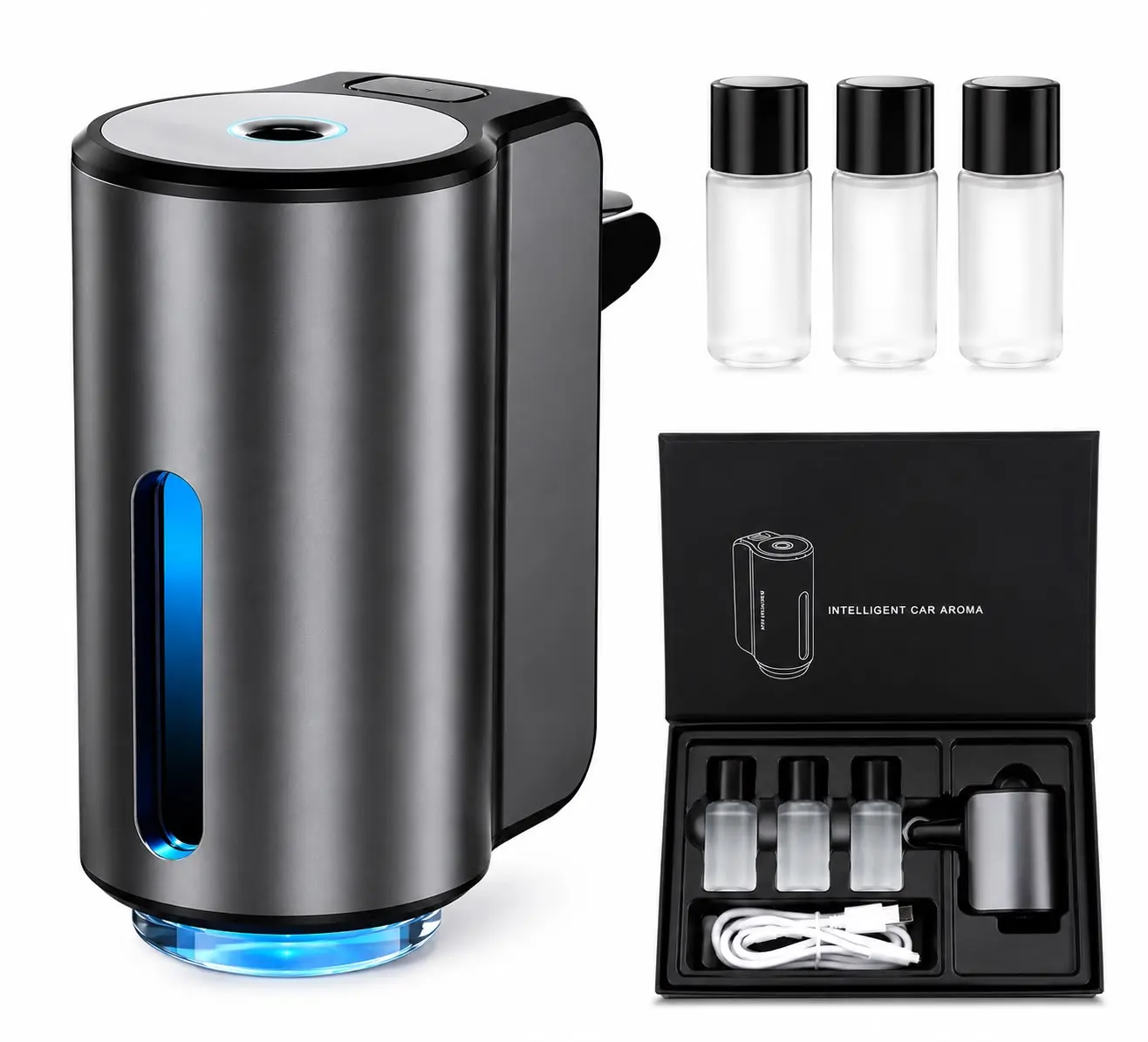 Difusor de aromaterapia para carro gris metálico con luz azul, incluye tres frascos de esencia, cable de carga y caja de empaque con compartimentos.