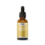 Frasco gotero ámbar de vidrio con tapa negra que contiene suplemento líquido D3 K2 de 50 ml con aceite MCT.