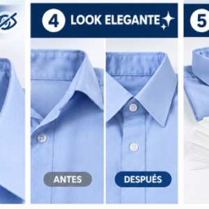 Protectores adhesivos triangulares blancos para puntas de cuello de camisa, muestran su aplicación discreta, efecto de firmeza y estuche de almacenamiento.