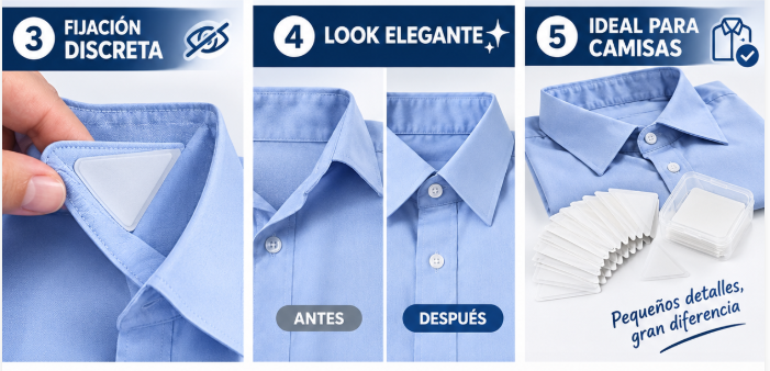 Protectores adhesivos triangulares blancos para puntas de cuello de camisa, muestran su aplicación discreta, efecto de firmeza y estuche de almacenamiento.