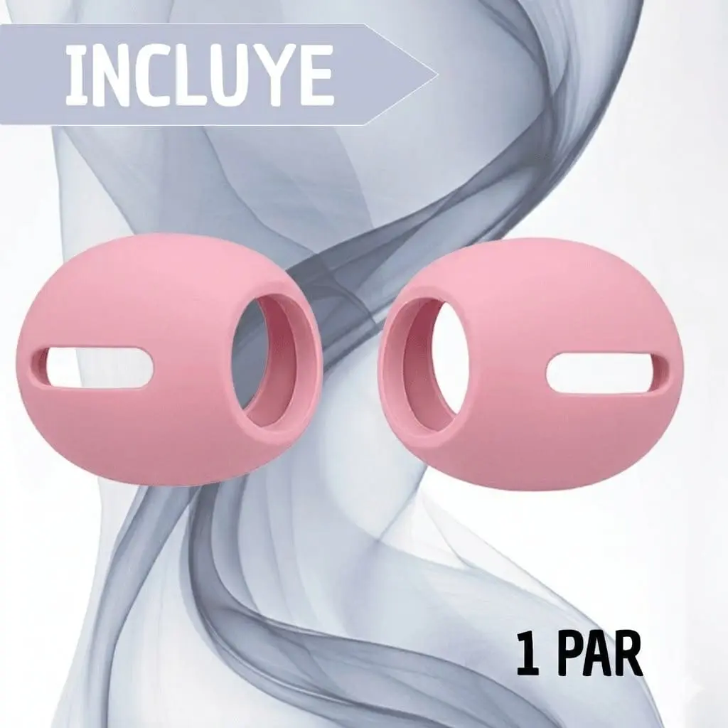 Par de fundas protectoras de silicona color rosado para AirPods, con diseño ergonómico y aberturas laterales, presentadas sobre fondo abstracto gris.