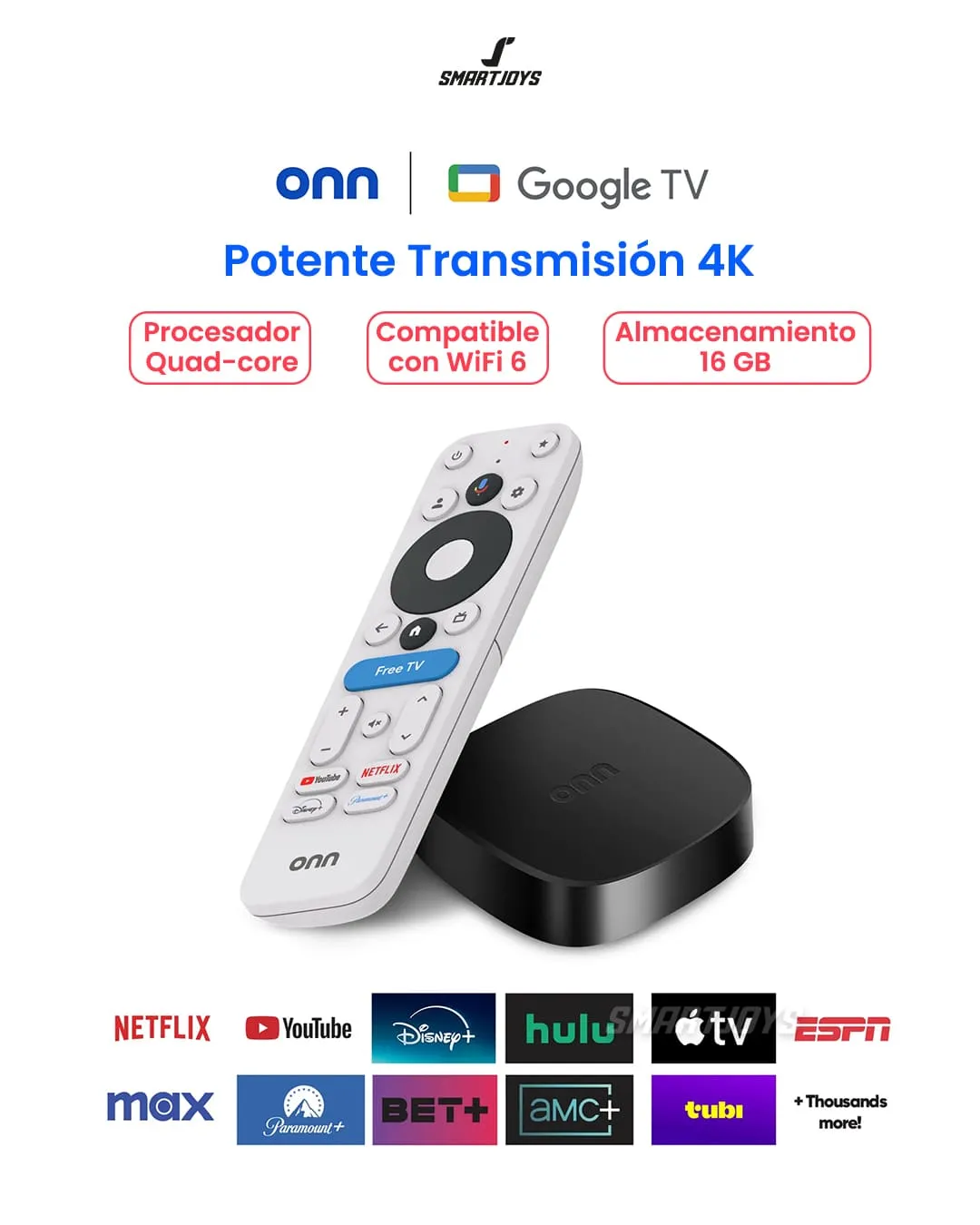 Dispositivo Onn 4K Plus y control remoto blanco con botones de acceso directo, procesador quad-core y Google TV sobre fondo blanco.