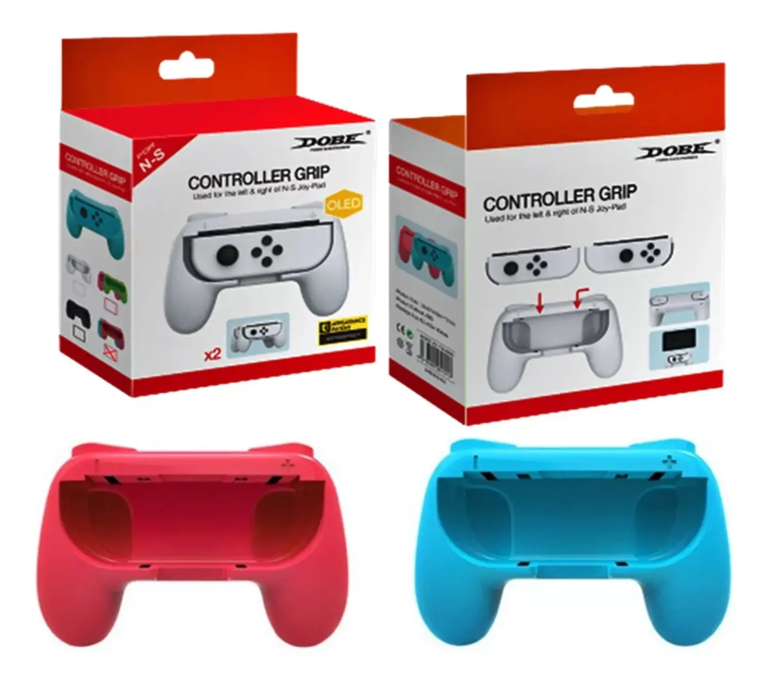 Set de dos empuñaduras ergonómicas para controles de Nintendo Switch, una roja y otra azul, en sus respectivas cajas rojas y blancas.