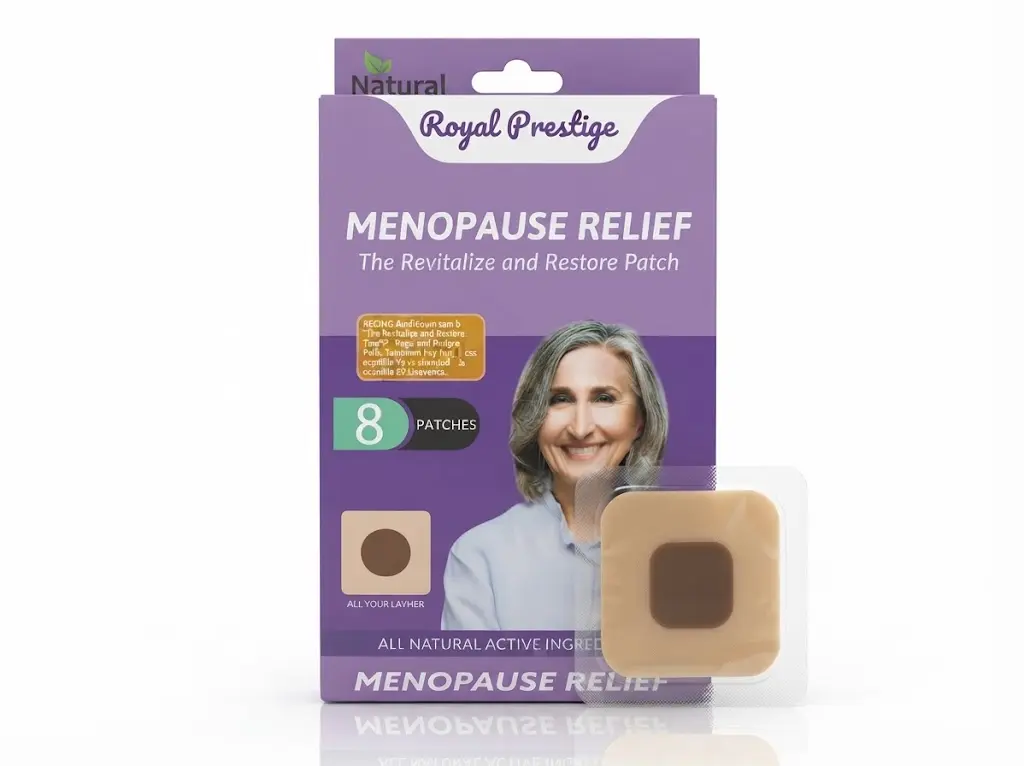 Caja morada de parches naturales para menopausia con retrato de mujer y un parche cuadrado beige con centro marrón en su empaque transparente.