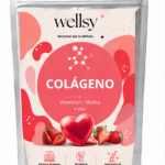 Bolsa metálica con etiqueta beige y roja de gomitas de colágeno sabor fresa con vitamina C y zinc, 120 unidades, decorada con fresas y corazón.