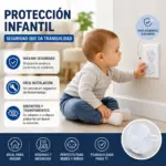 Protectores de enchufe transparentes para seguridad infantil instalados en toma de corriente, con detalle de la tapa plástica de diseño discreto.